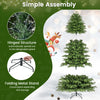 Artificial Christmas tree with LED lights, hinged structure, and folding metal stand for easy assembly and storage.