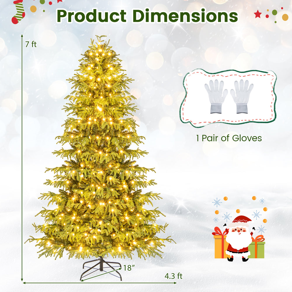 7 ft artificial Christmas tree with warm white LED lights, PVC mixed branch tips, and folding metal stand for festive.