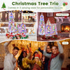 Artificial Christmas tree trio in three sizes with snow-flocked tips and multi-color LED lights for festive decor.