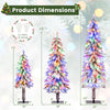 Three sizes of artificial Christmas trees with snow-flocked branches and multi-color LED lights for festive decoration.