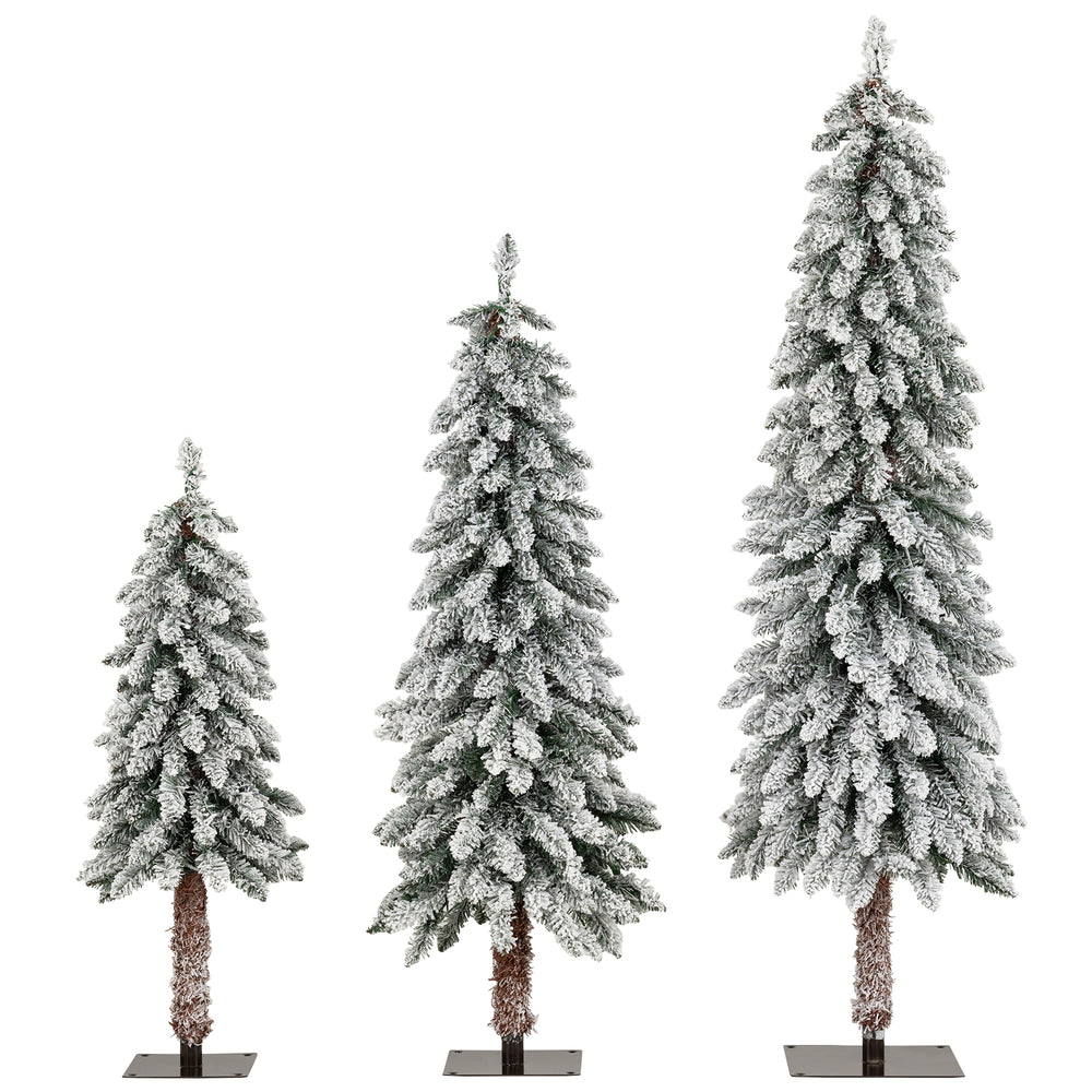 Set of 3 artificial Christmas trees with snow-flocked branches, featuring multi-color LED lights for festive decor.