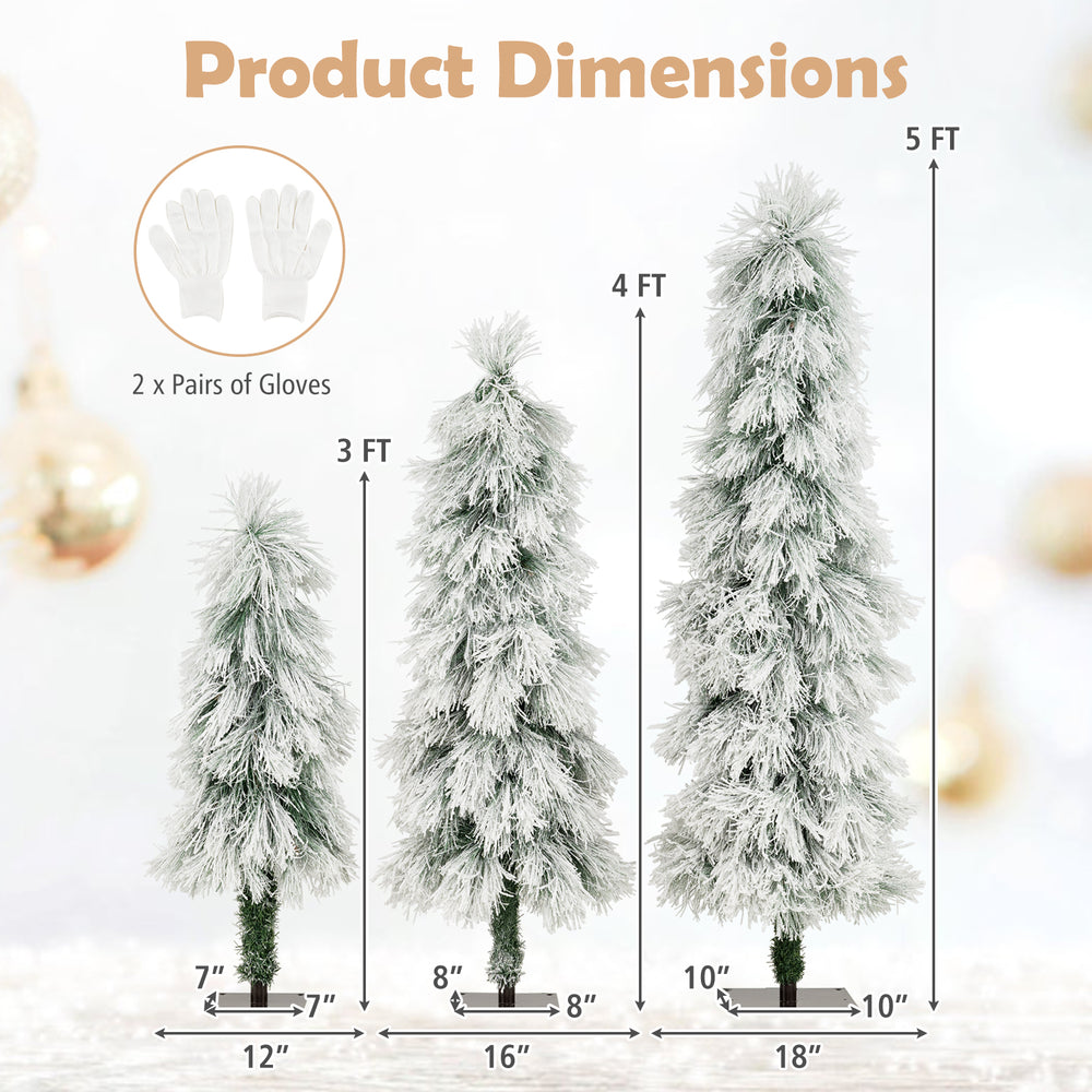 Three sizes of artificial Christmas trees with snow-flocked tips and LED lights, perfect for festive holiday decor.