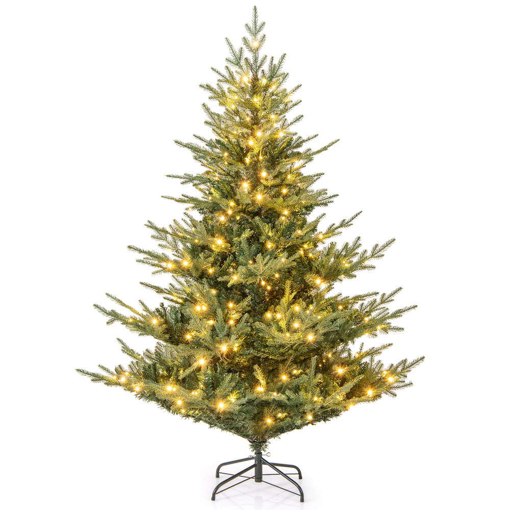 6-foot artificial Christmas tree with 350 warm white LED lights, featuring realistic branch tips and a folding metal.