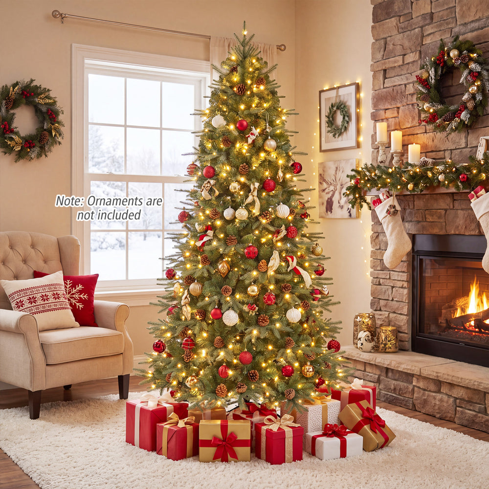 7-foot artificial Christmas tree with a sturdy metal base and warm white LED lights, ideal for holiday home decoration.