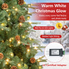 Artificial 7' Christmas tree with 460 pre-lit LED lights, pine cones, and hinged branches for easy setup and festive decor.