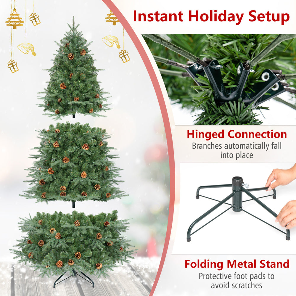 Artificial 7' Christmas tree with LED lights, pine cones, and hinged branches for easy setup, perfect for indoor holiday decor.