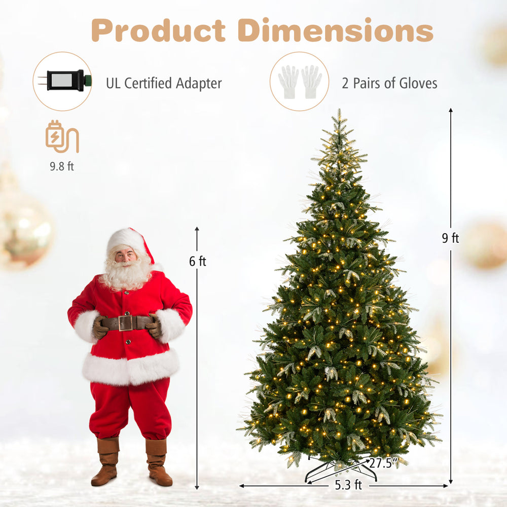 9-foot artificial Christmas tree with 3000 branch tips, dual-color LED lights, and foldable metal stand for easy setup.