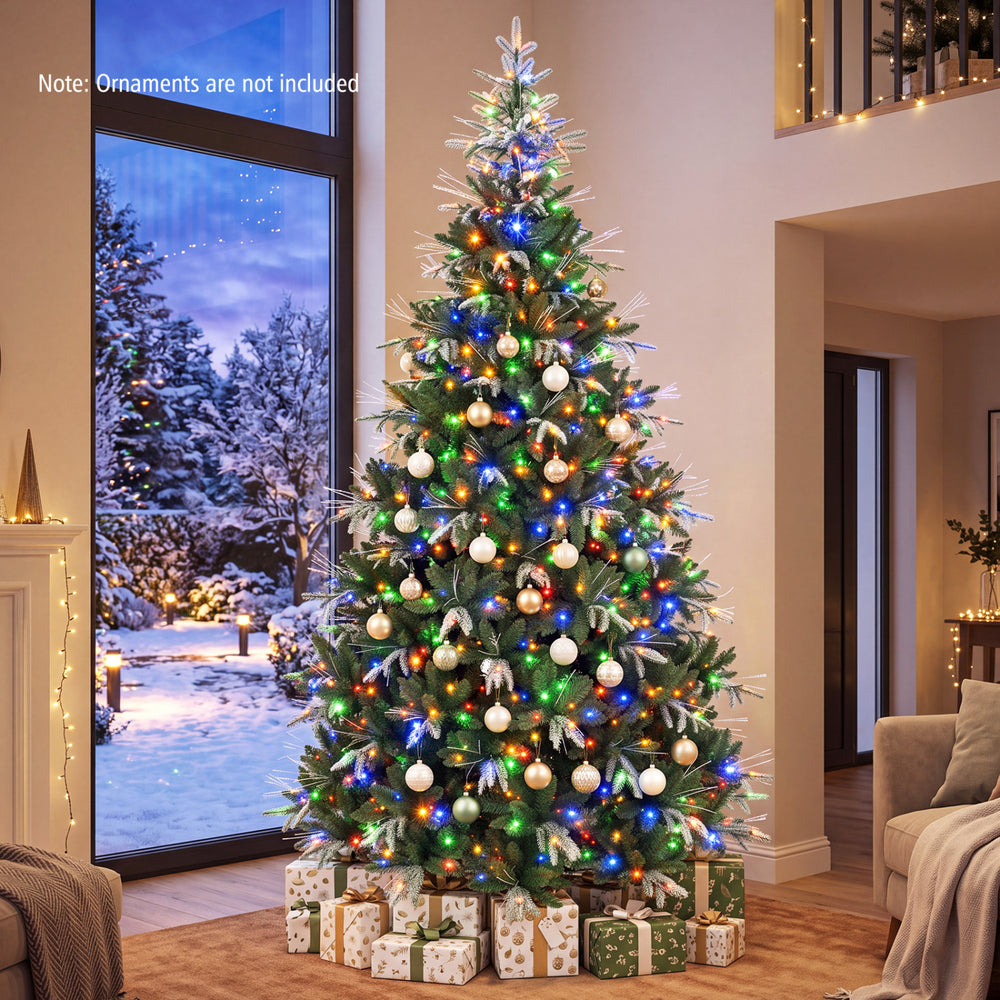 9-foot artificial Christmas tree with 3000 branch tips and dual-color LED lights, perfect for festive holiday decor.