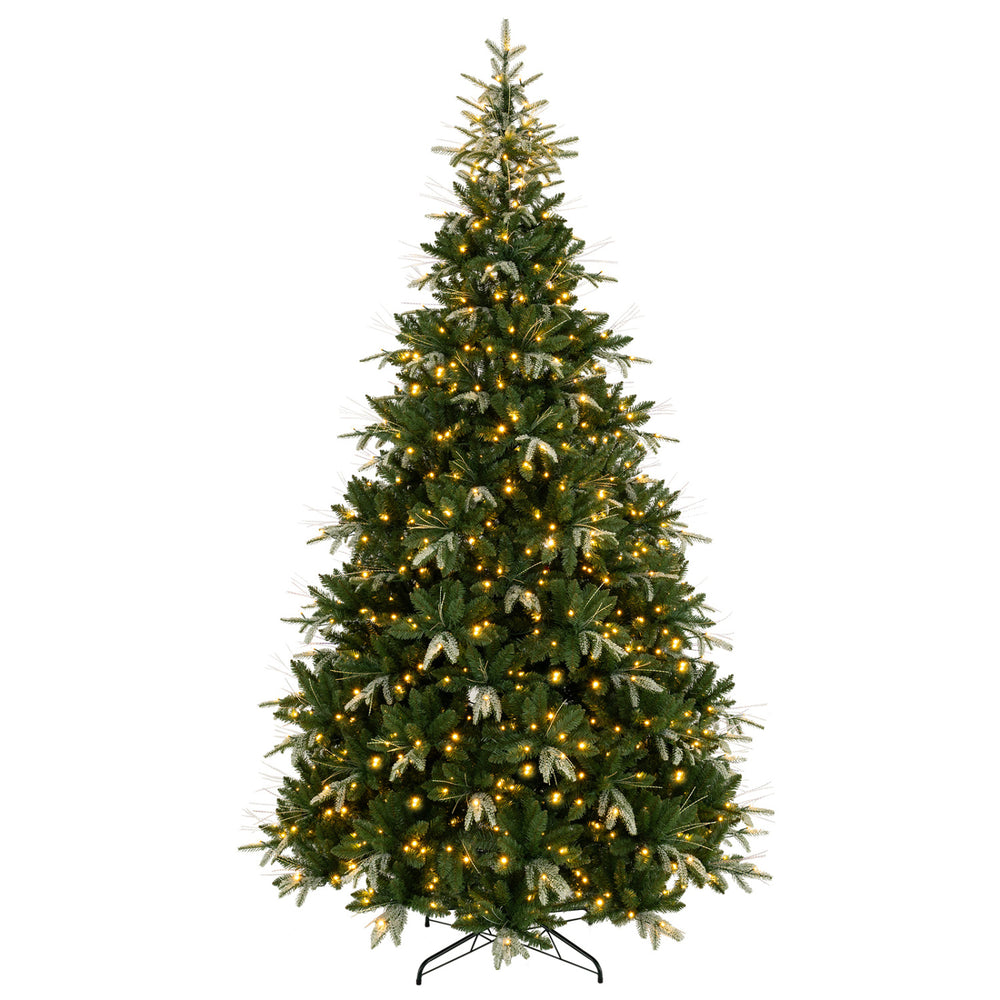 9-foot artificial Christmas tree with 3000 branch tips and dual-color LED lights for a festive holiday atmosphere.