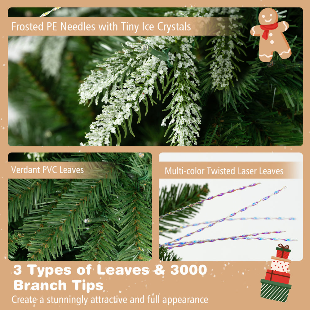 Artificial Christmas tree with 3000 branch tips, featuring PE needles, PVC leaves, and multi-color LED lights for festive decor.