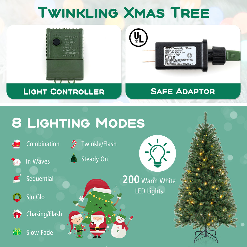6 FT artificial Christmas tree with 200 warm white LED lights and 568 branch tips, perfect for holiday decoration.