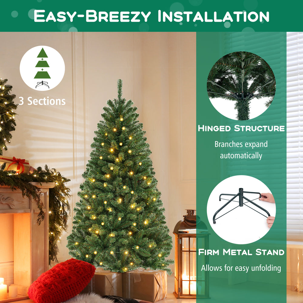 6 FT artificial Christmas tree with 568 branch tips, warm white LED lights, and hinged structure for easy setup.