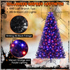 7 ft artificial Christmas tree with black foliage, vibrant orange and purple lights, and 6 lighting modes for festive.