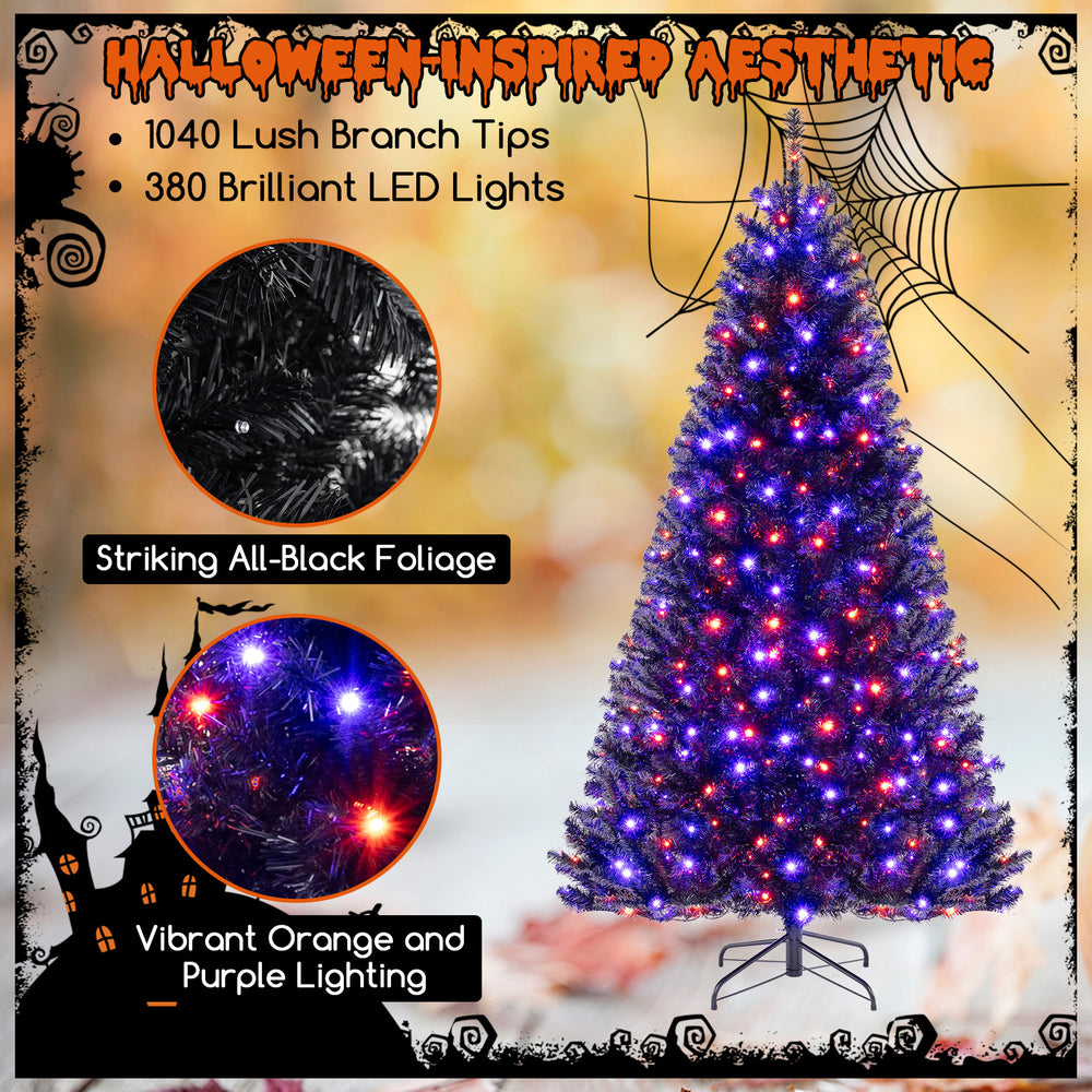 7 ft artificial Christmas tree with black foliage, vibrant orange and purple lights, and 6 lighting modes for festive.