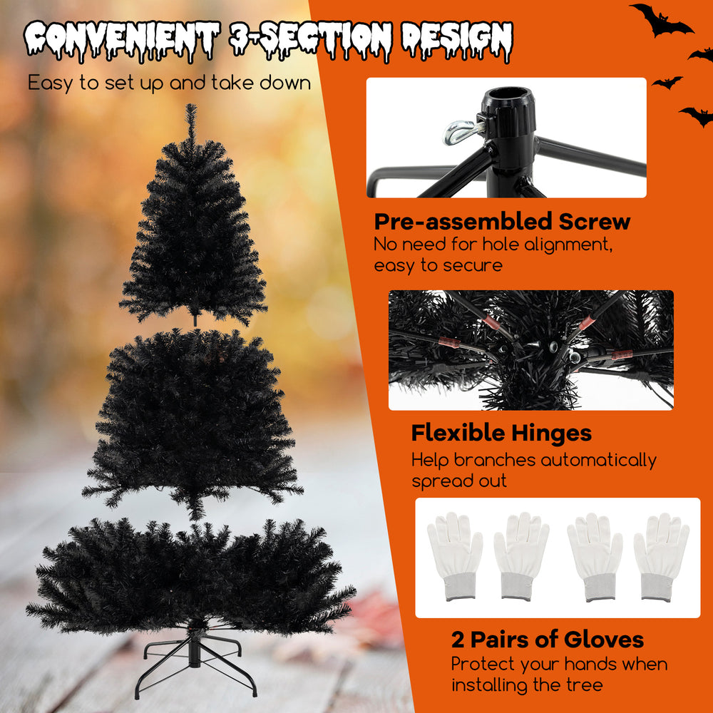 7 ft artificial Christmas tree with black leaves, flexible hinges, and 6 lighting modes for spooky Halloween decor.