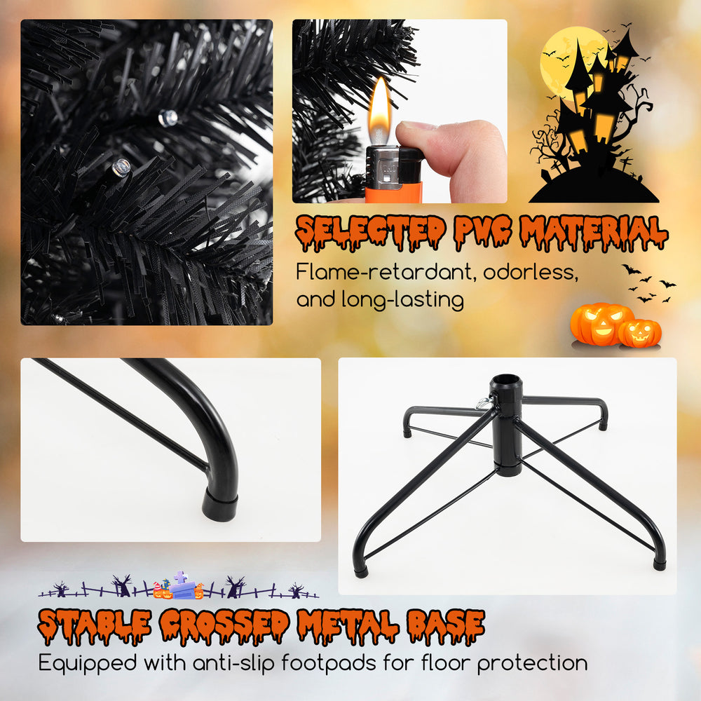 Detail of the crossed metal base with anti-slip footpads for stability, supporting a 7 ft artificial Christmas tree.