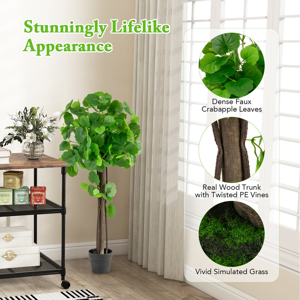 44-inch artificial crabapple tree with dense faux leaves, real wood trunk, and adjustable branches for versatile decor.
