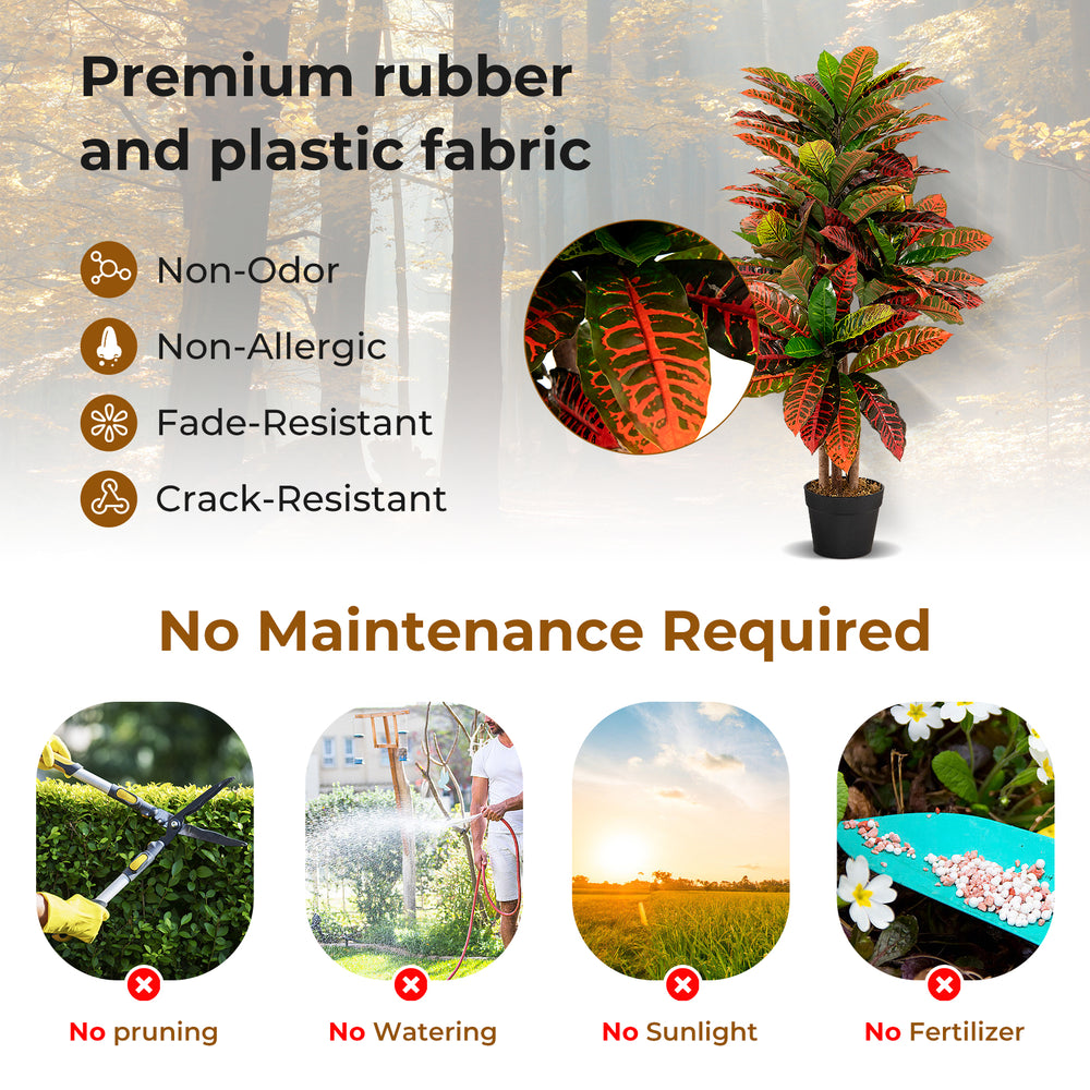 40-inch tall artificial croton plant with colorful variegated leaves in a sturdy pot, requiring no maintenance.