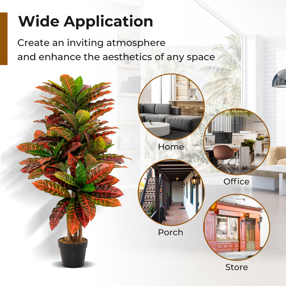 Artificial 40-inch Croton plant with colorful variegated leaves in a sturdy pot, perfect for home or office decor.