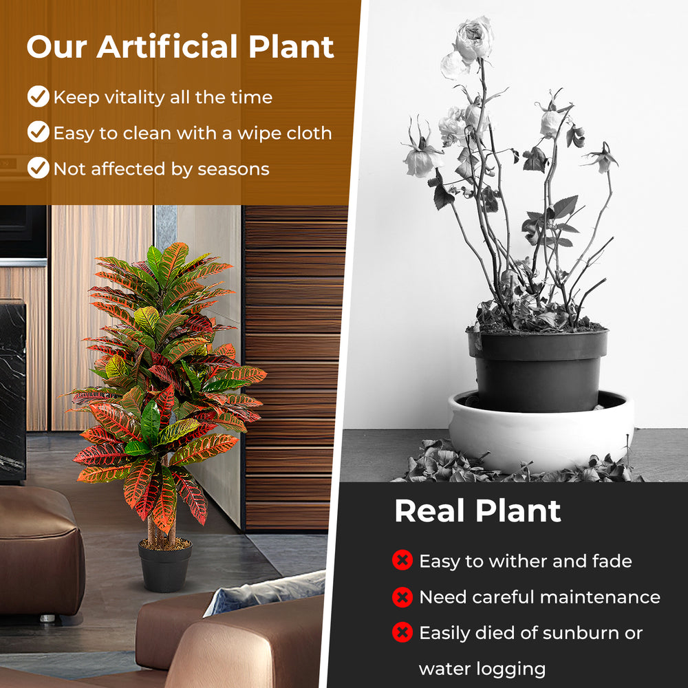 40-inch tall artificial croton plant with colorful variegated leaves in a solid pot, ideal for low-maintenance decor.