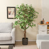 Tall artificial ficus tree with 1008 leaves and a solid wood trunk, perfect for indoor decor in home or office.