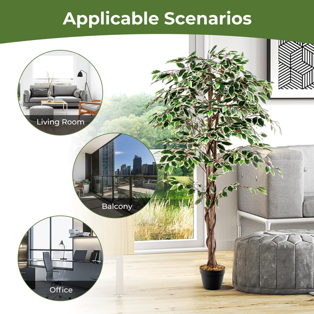 Tall artificial ficus tree with 1008 leaves in a nursery pot, perfect for home, office, or balcony decor.