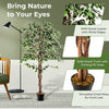 Close-up of the artificial ficus tree's leaves with white edges and twining PE vines, ideal for enhancing indoor spaces.