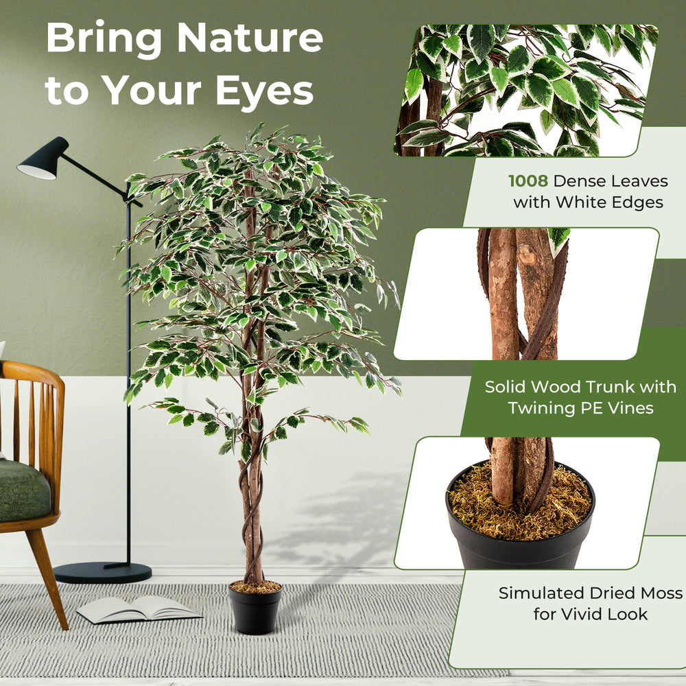 Close-up of the artificial ficus tree's leaves with white edges and twining PE vines, ideal for enhancing indoor spaces.