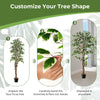 Artificial ficus tree with 1008 leaves and solid wood trunk, customizable shape for versatile indoor display.