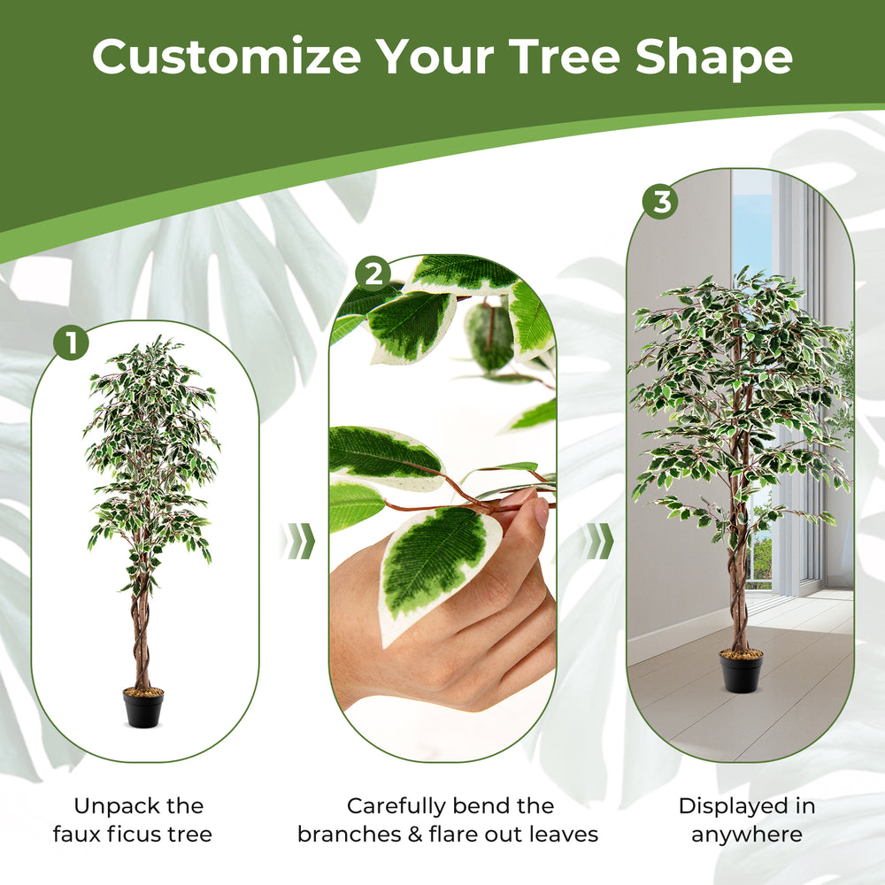 Artificial ficus tree with 1008 leaves and solid wood trunk, customizable shape for versatile indoor display.