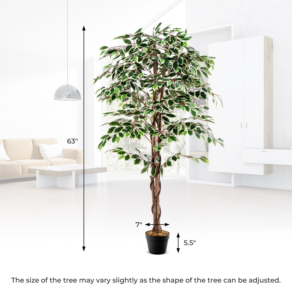 Tall artificial ficus tree with 1008 leaves and a solid wood trunk, perfect for indoor decor in homes or offices.