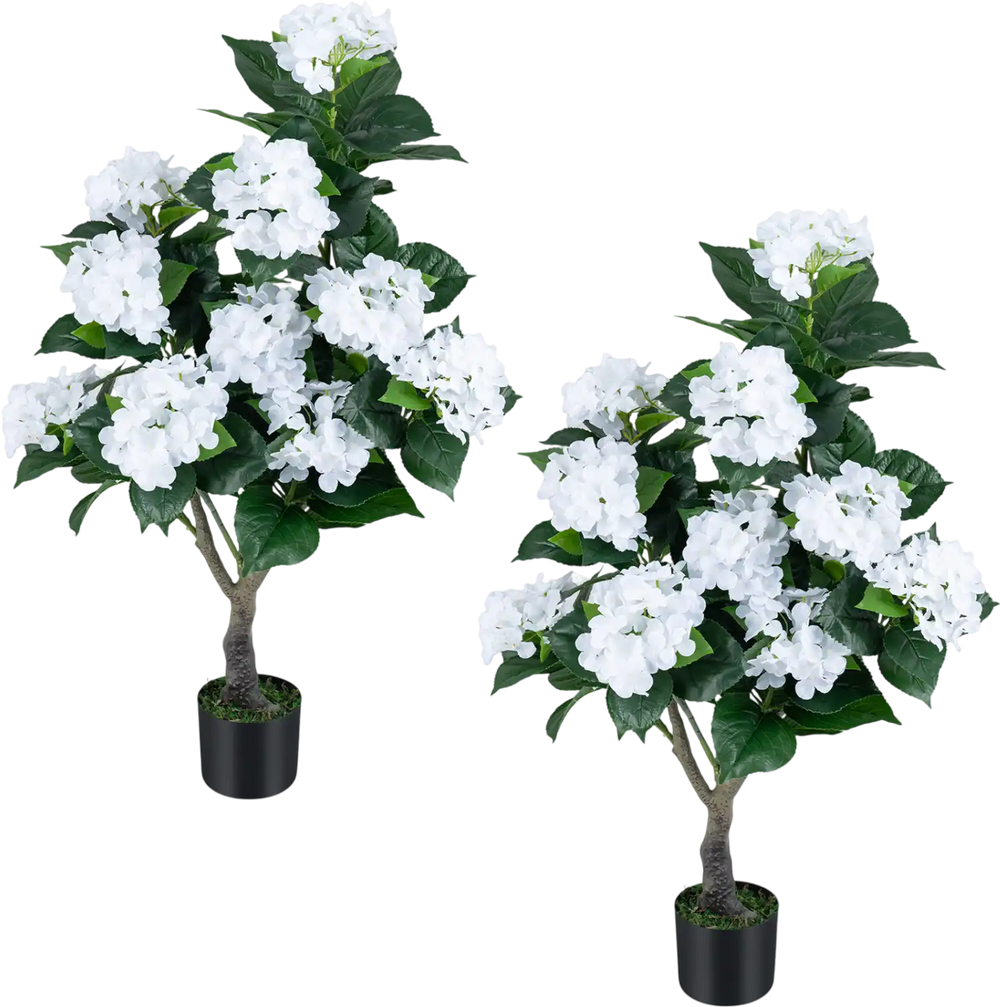 Artificial hydrangea tree featuring 11 white flowers and 88 green leaves, perfect for home decor without maintenance.