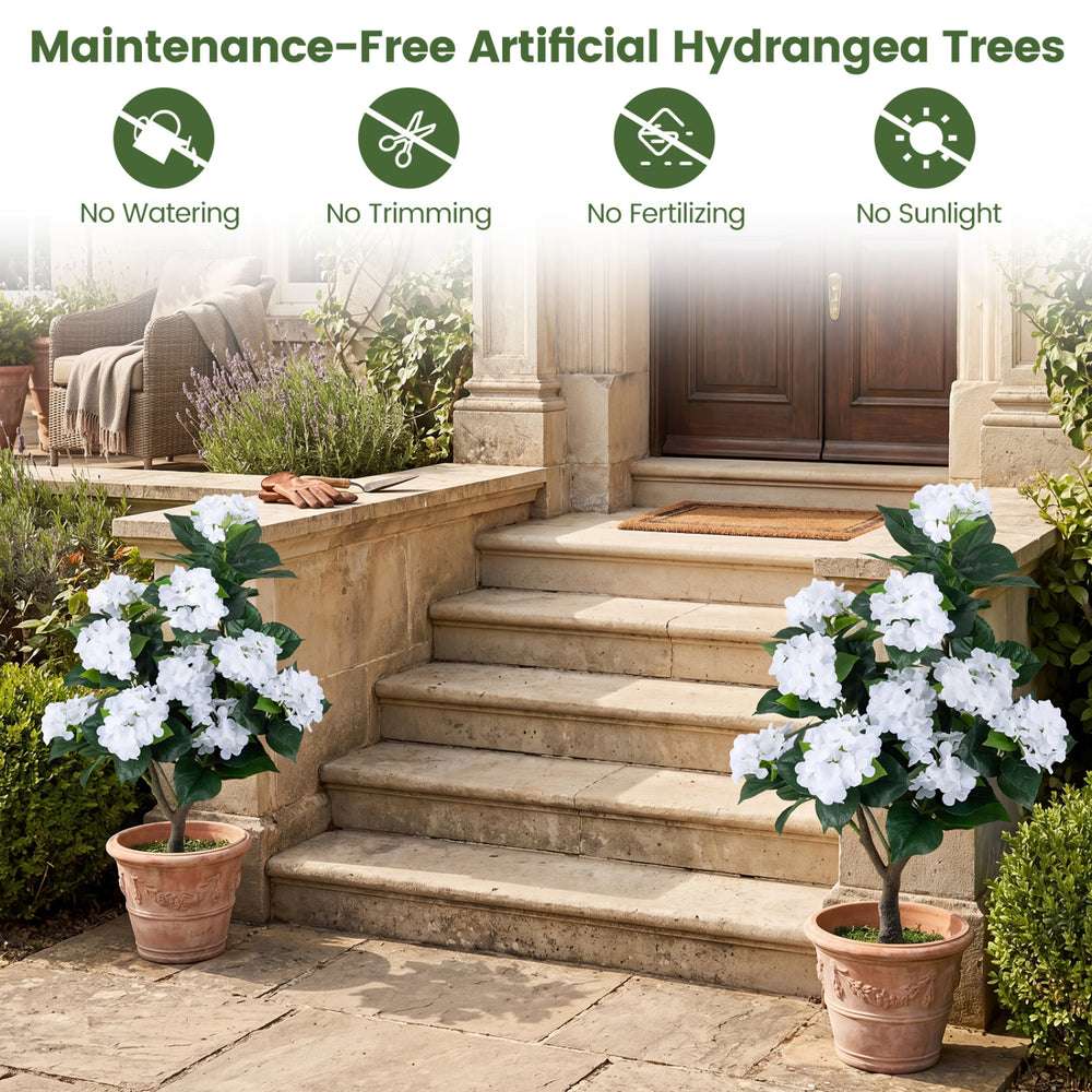Artificial hydrangea tree with 11 white flowers and 88 leaves, perfect for maintenance-free home decor.