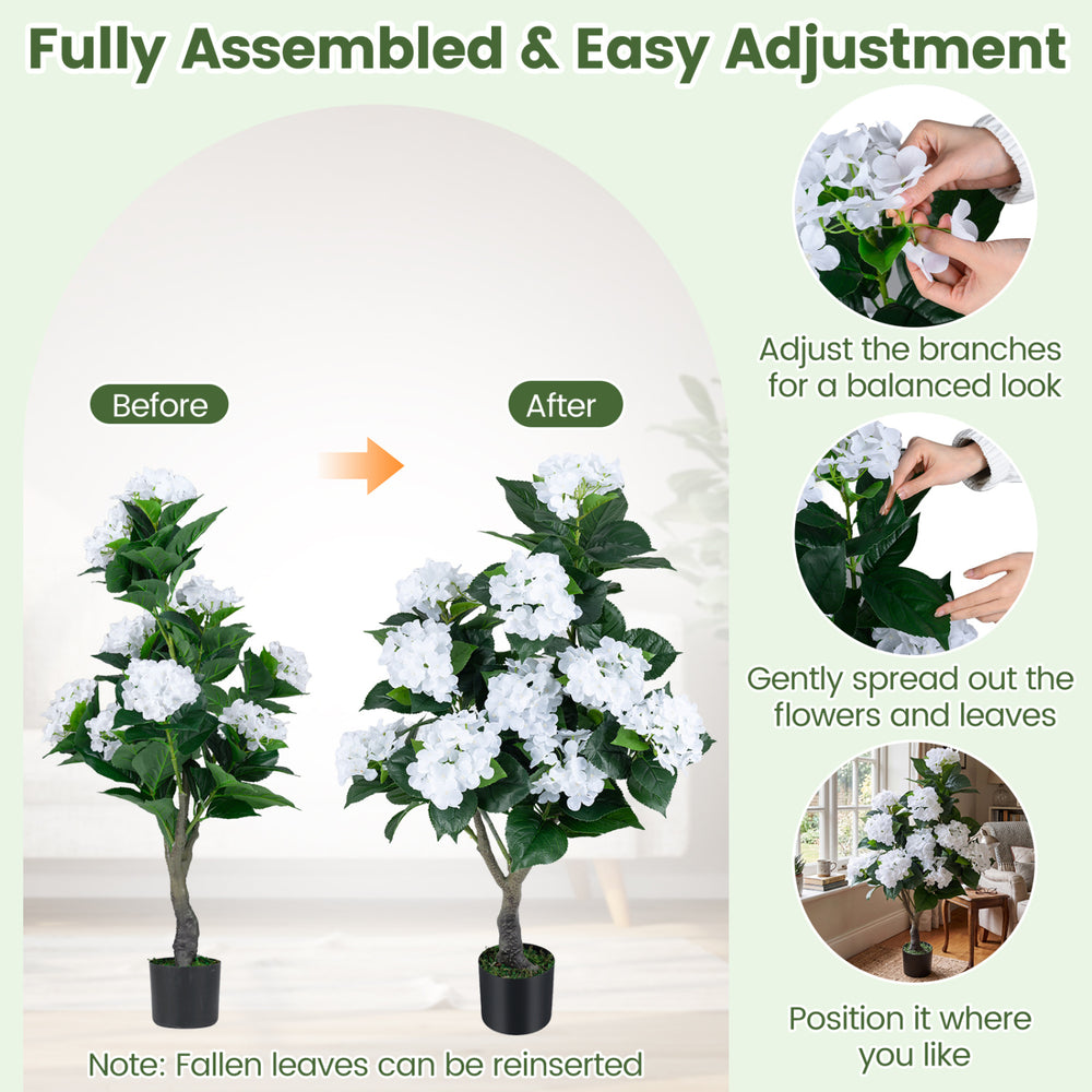 Artificial hydrangea tree with 11 white flowers and 88 leaves, perfect for home decor without maintenance needs.