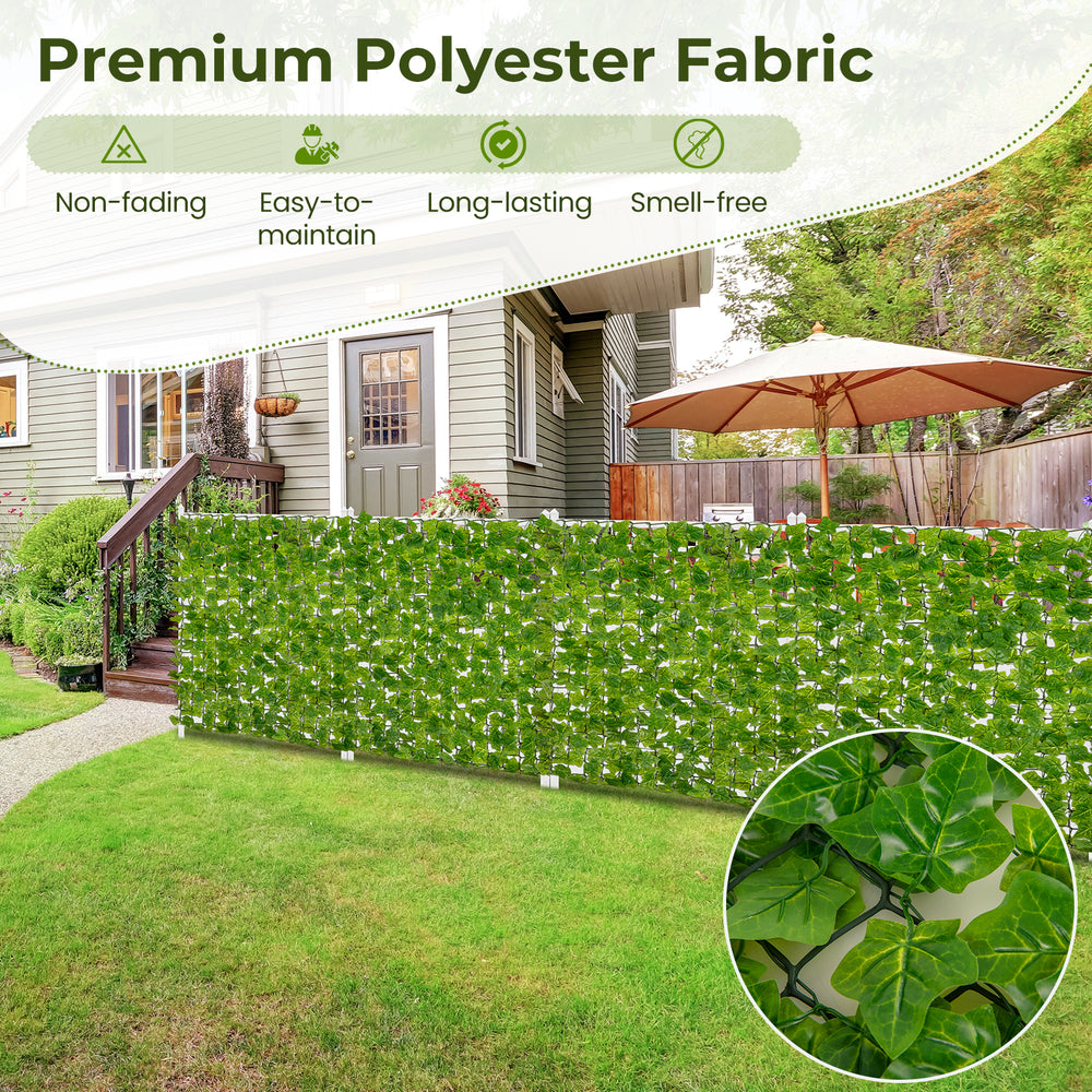 Artificial ivy privacy fence measuring 120 x 40 inches, featuring non-fading PE leaves for outdoor and indoor decor.