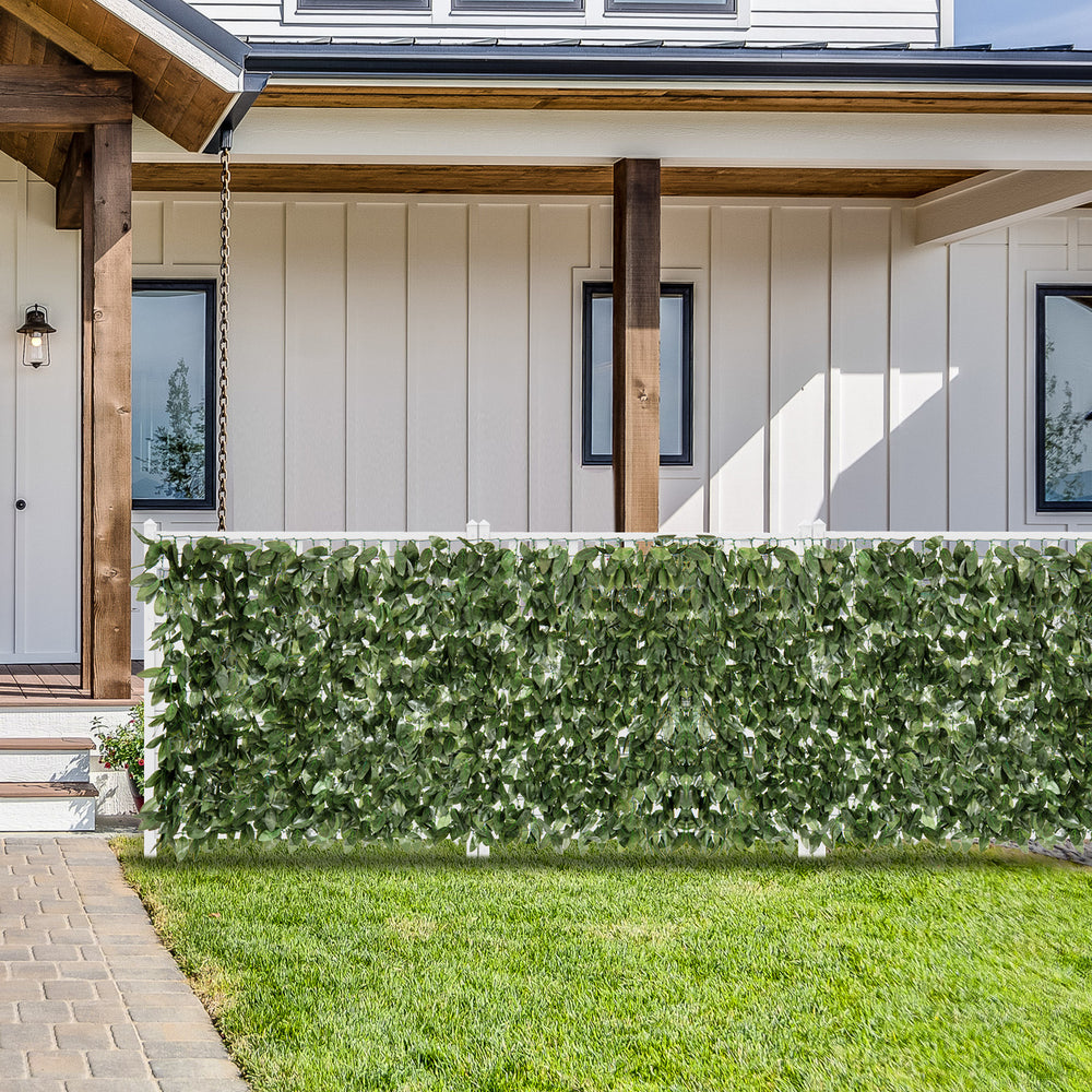 Artificial lily leaf privacy fence in a garden setting, made of durable polyester fabric for year-round vibrancy.