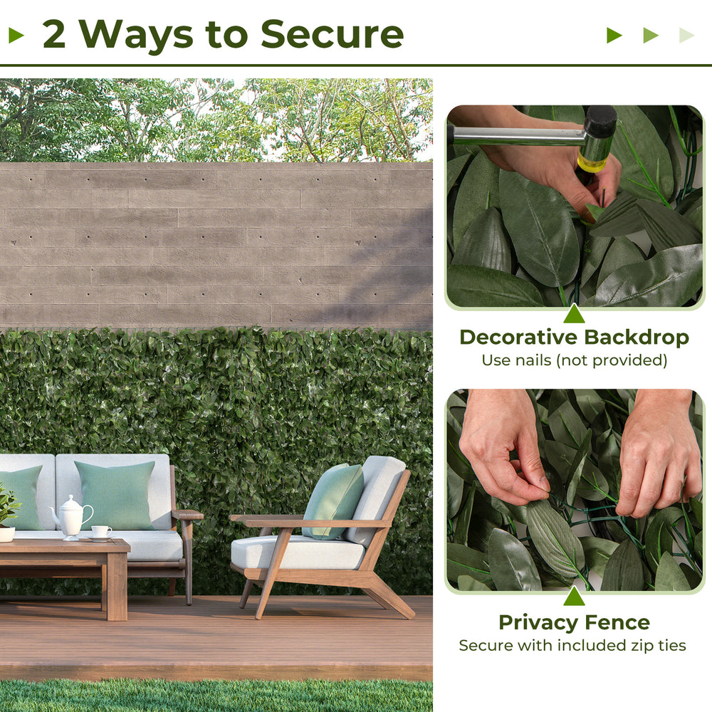 Artificial lily leaf privacy fence shown with zip ties, ideal for garden and balcony decoration and privacy enhancement.