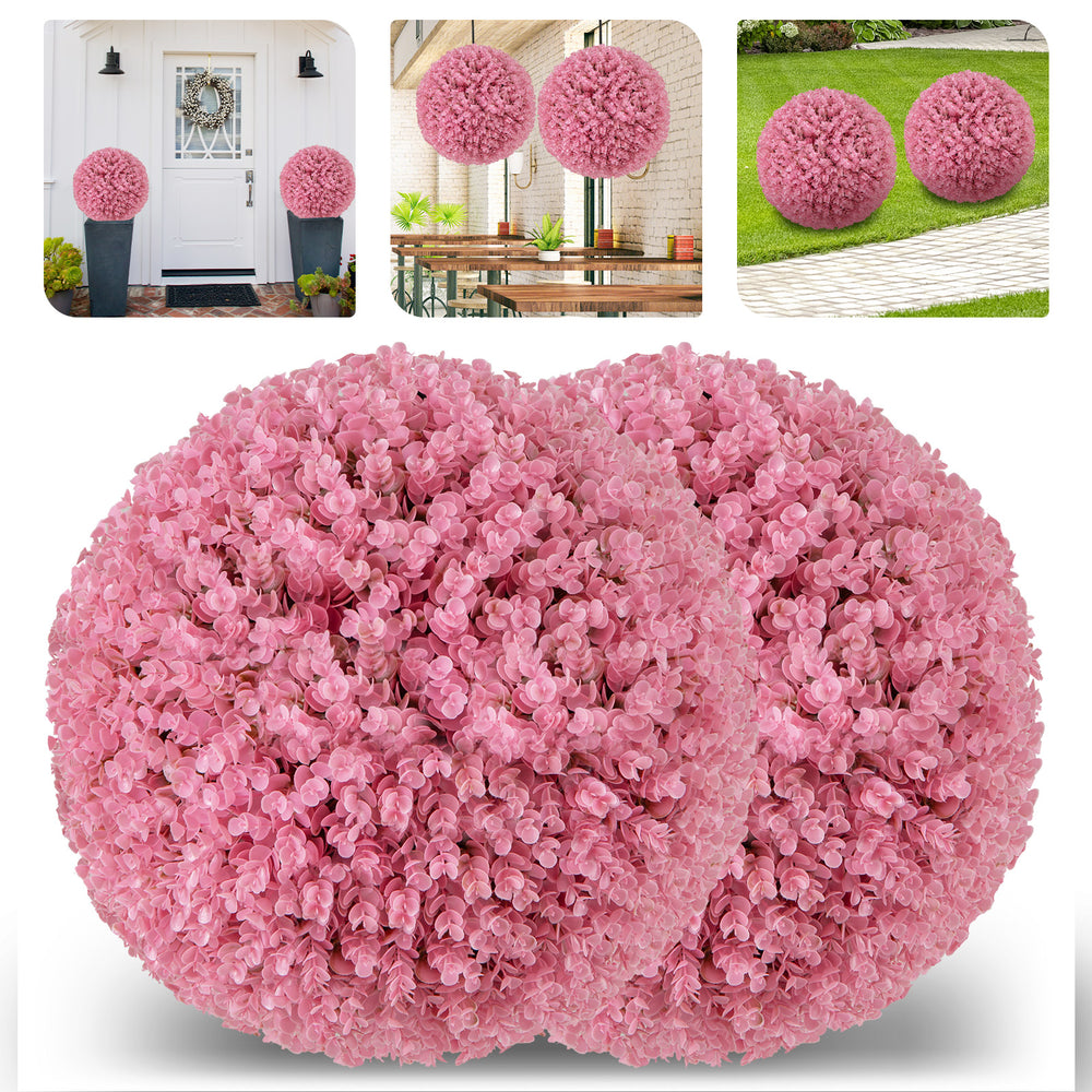 Close-up of a 17.5-inch faux pink eucalyptus decorative ball showcasing vibrant 7-layer leaves, ideal for any outdoor.