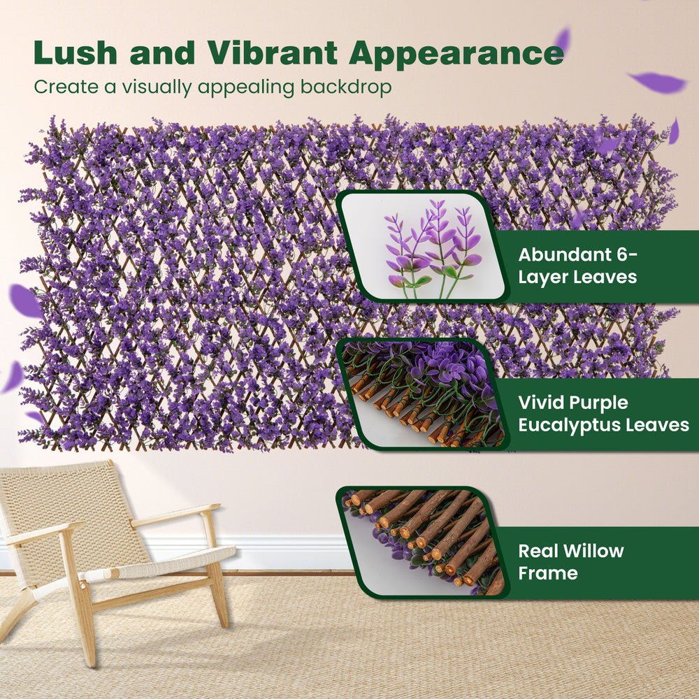 Decorative faux purple eucalyptus fencing panel with real willow frame, perfect for balcony or patio privacy screens.