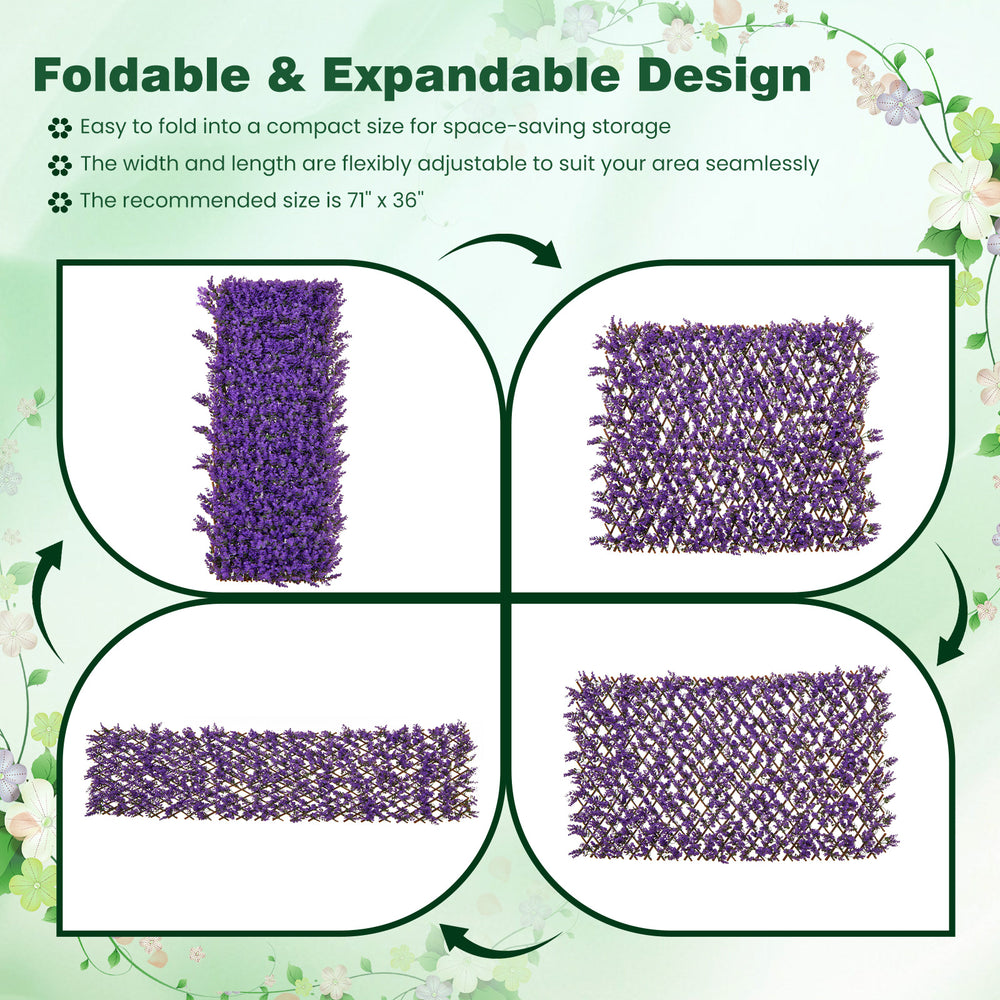 Decorative faux purple eucalyptus fencing panel with real willow frame, adjustable size for privacy screens and green.