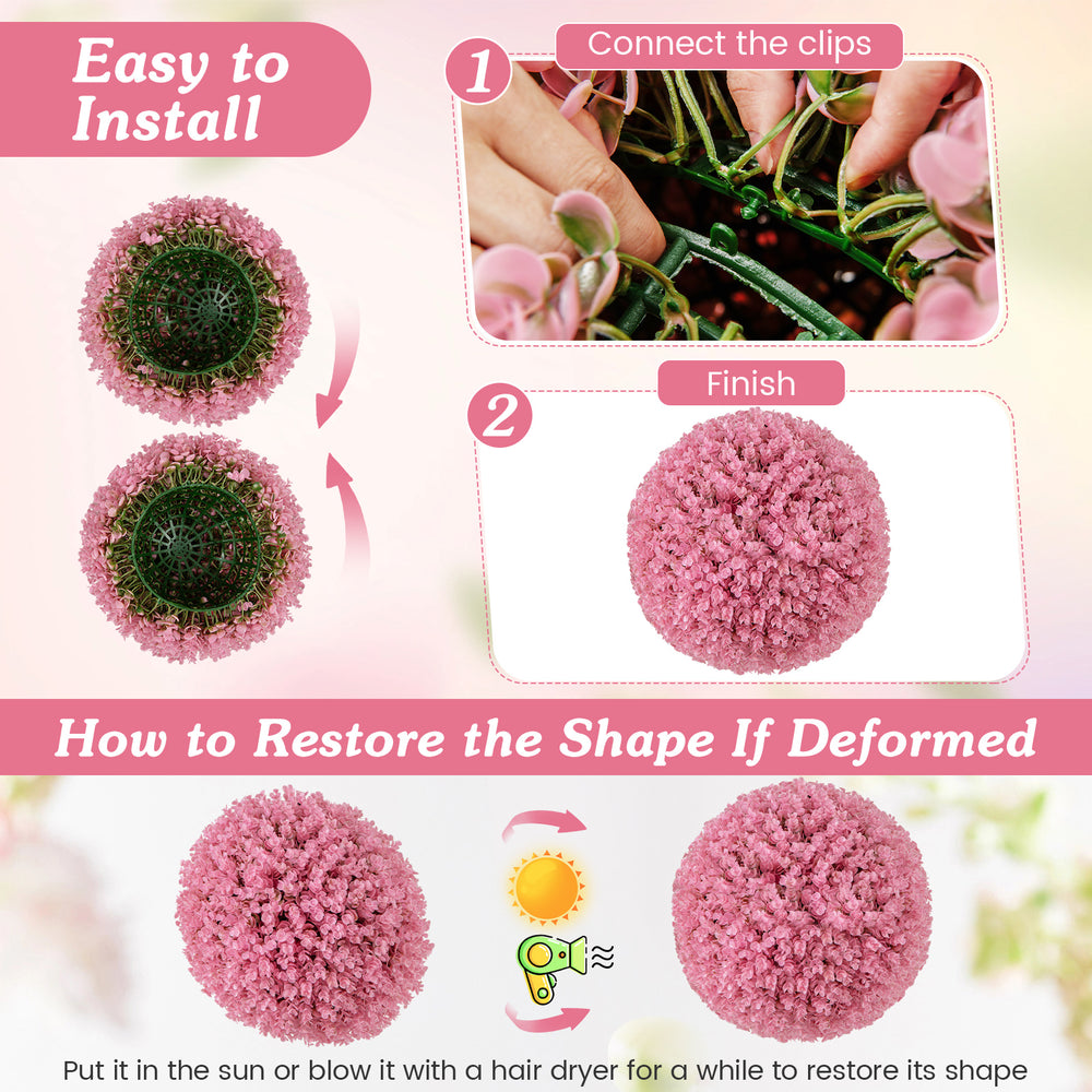Faux pink eucalyptus decorative ball with 7 layers of leaves, ideal for garden or wedding decor, easy to install.