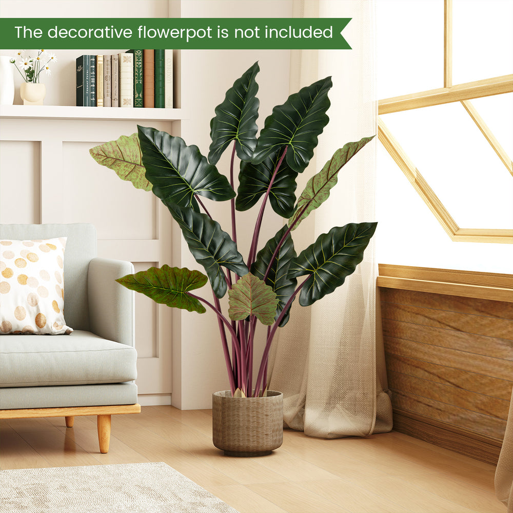 Artificial Rainbow Taro Tree with 11 large faux leaves in a weighted planter, perfect for home or office decor.