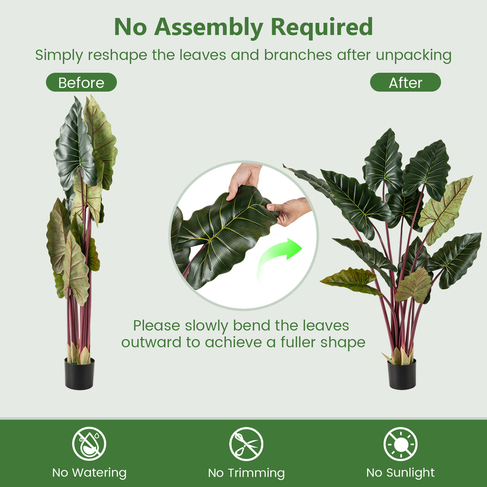 Artificial Rainbow Taro Tree with 11 large faux leaves, 63" tall, no assembly, ideal for home or office decor.