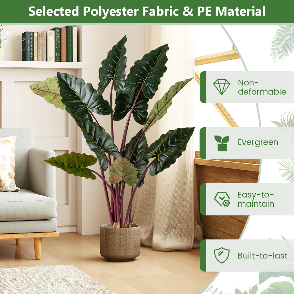 Artificial Rainbow Taro Tree with 11 faux leaves in a weighted planter, made of polyester and PE for easy maintenance.