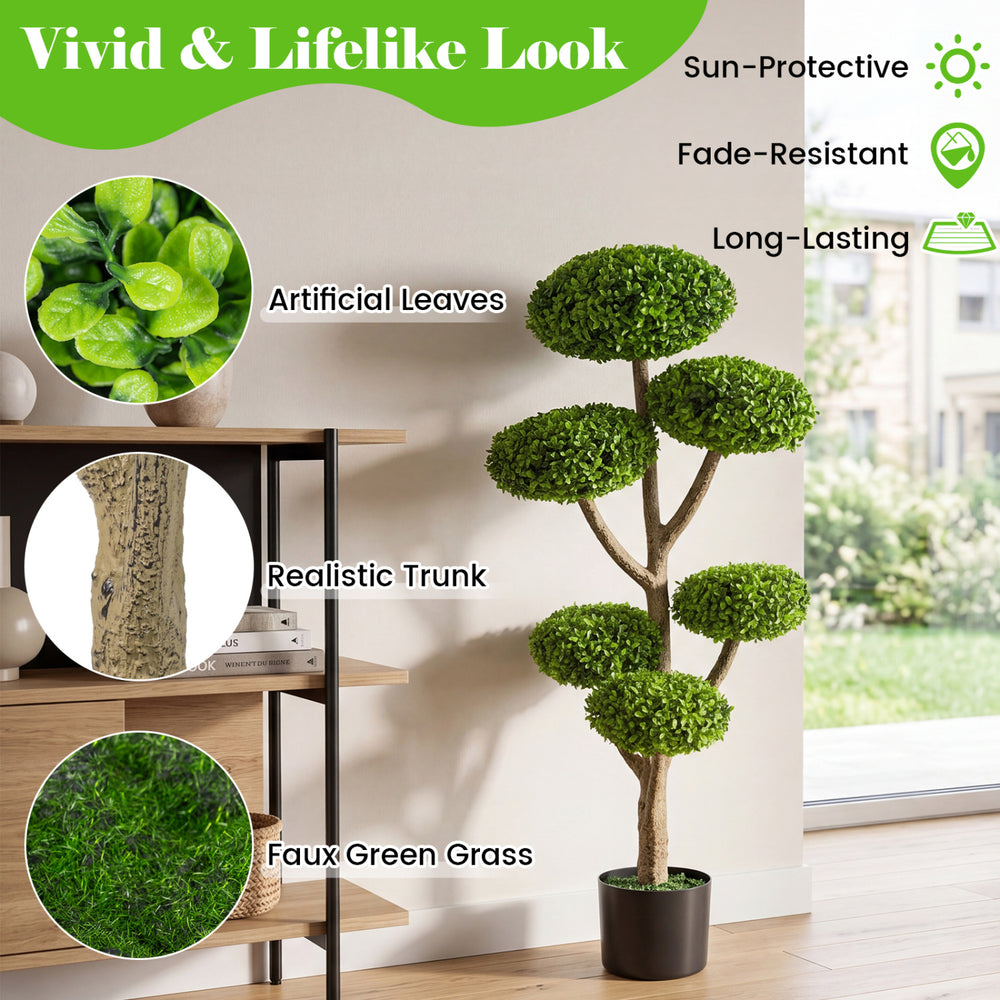 Indoor outdoor 6 balls topiary tree with realistic trunk, vivid artificial leaves, and weighted cement-filled base for.