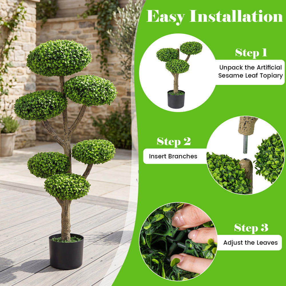 Indoor outdoor 6 balls topiary tree with realistic trunk and weighted base, showcasing easy installation steps for.