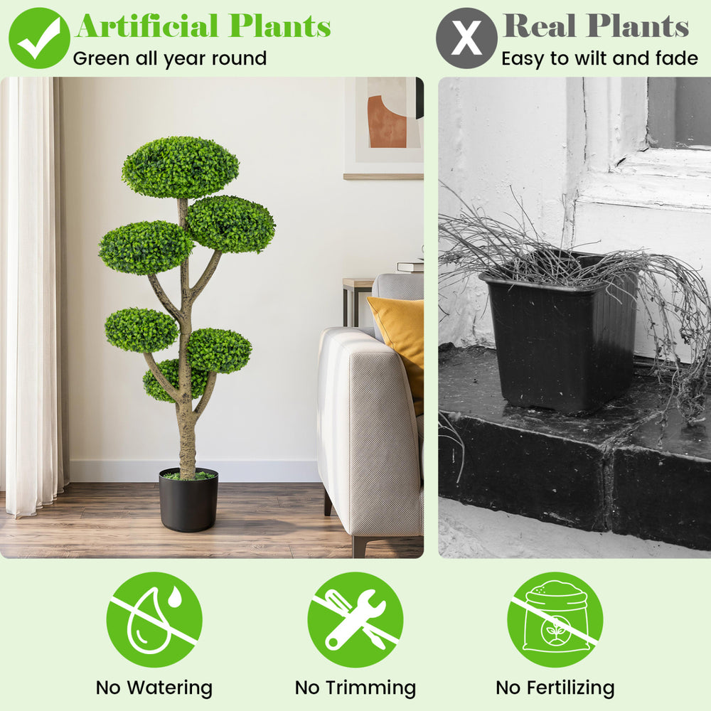 Indoor outdoor 6 balls topiary tree with realistic trunk, weighted cement base, and vibrant faux leaves for year-round.