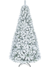 Snow-flocked 6 ft artificial Christmas tree with 1498 branch tips, perfect for indoor holiday decoration and parties.