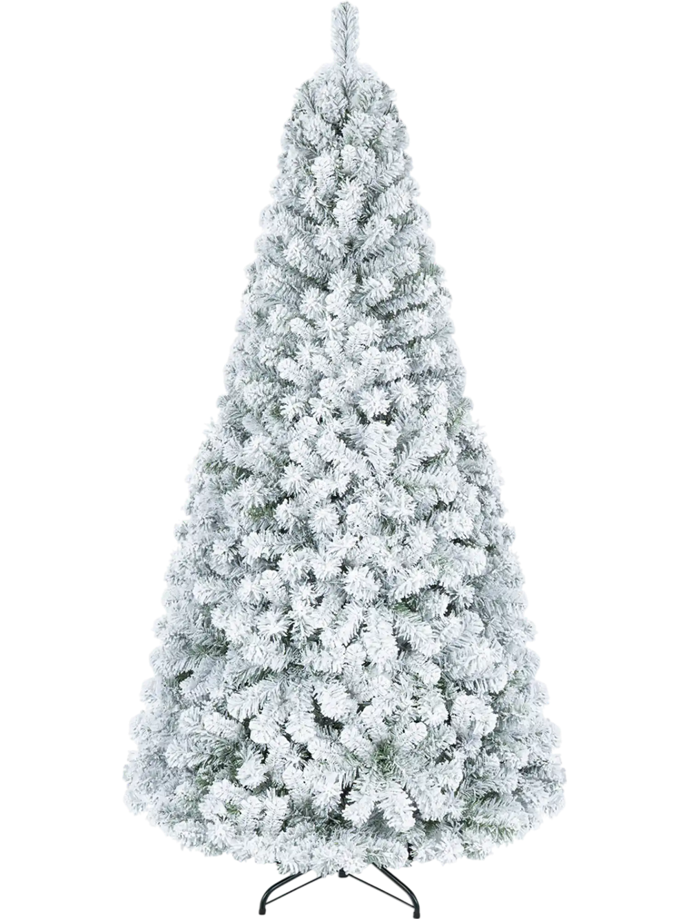 Snow-flocked 6 ft artificial Christmas tree with 1498 branch tips, perfect for indoor holiday decoration and parties.