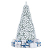 Snow-flocked 6 ft artificial Christmas tree with 1498 branch tips and surrounded by decorative blue and white gift boxes.